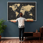 Vintage Blue and Brown World Map Canvas Wall Art | Framed Rustic Map Print