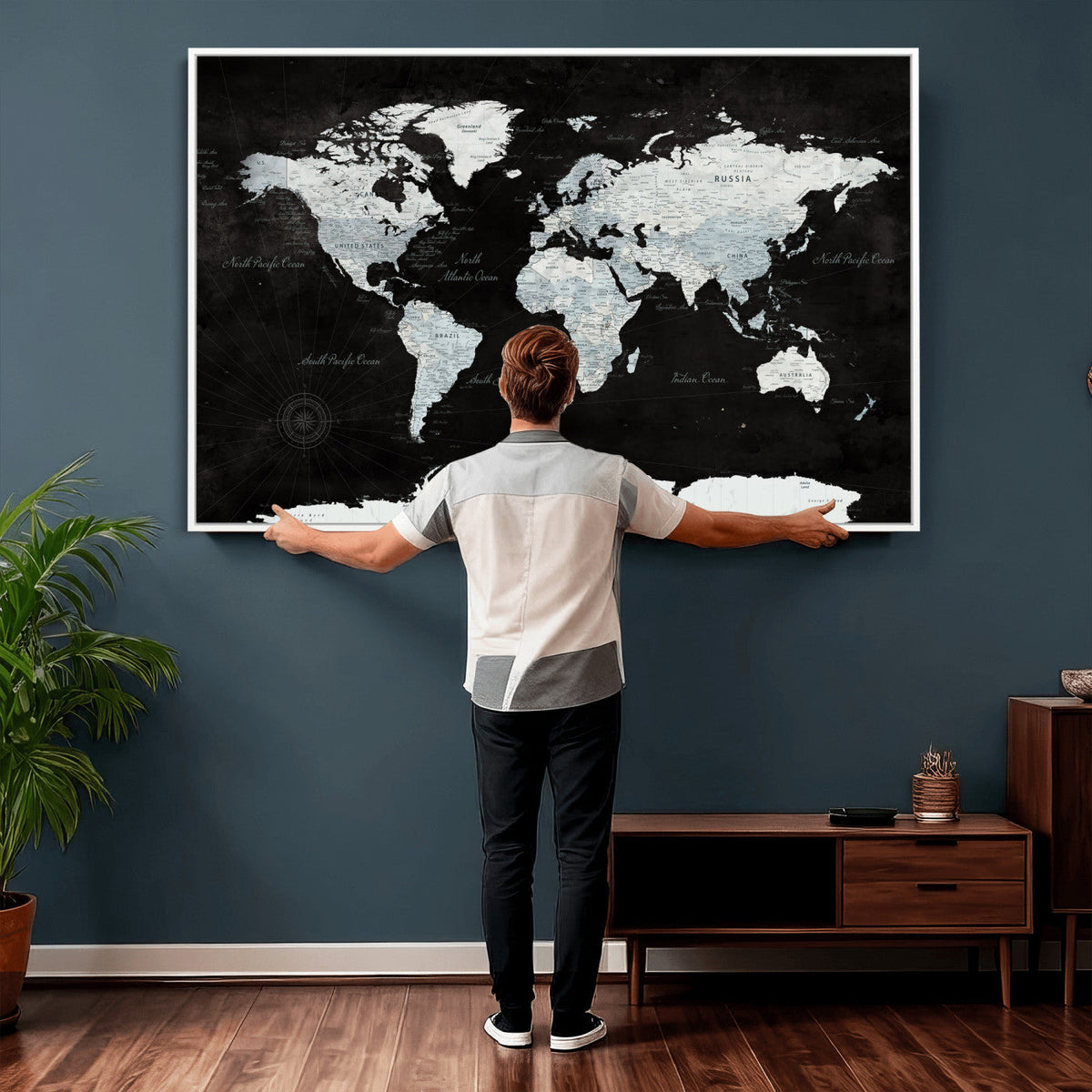 World Map Canvas Print | Framed Push Pin Wall Art, Color Splash Travel Map