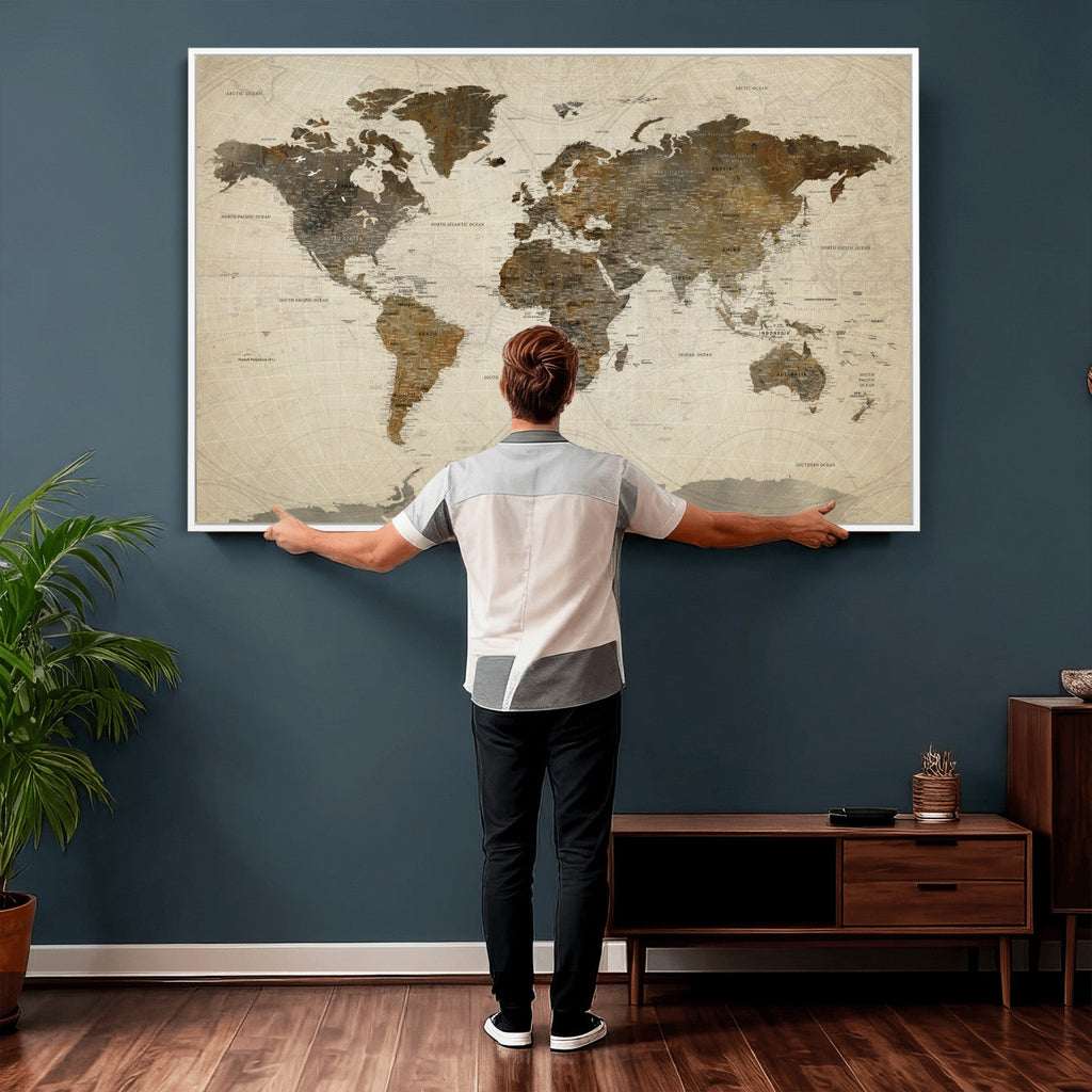 Vintage World Map Canvas Wall Art | Framed Antique Style Travel Map