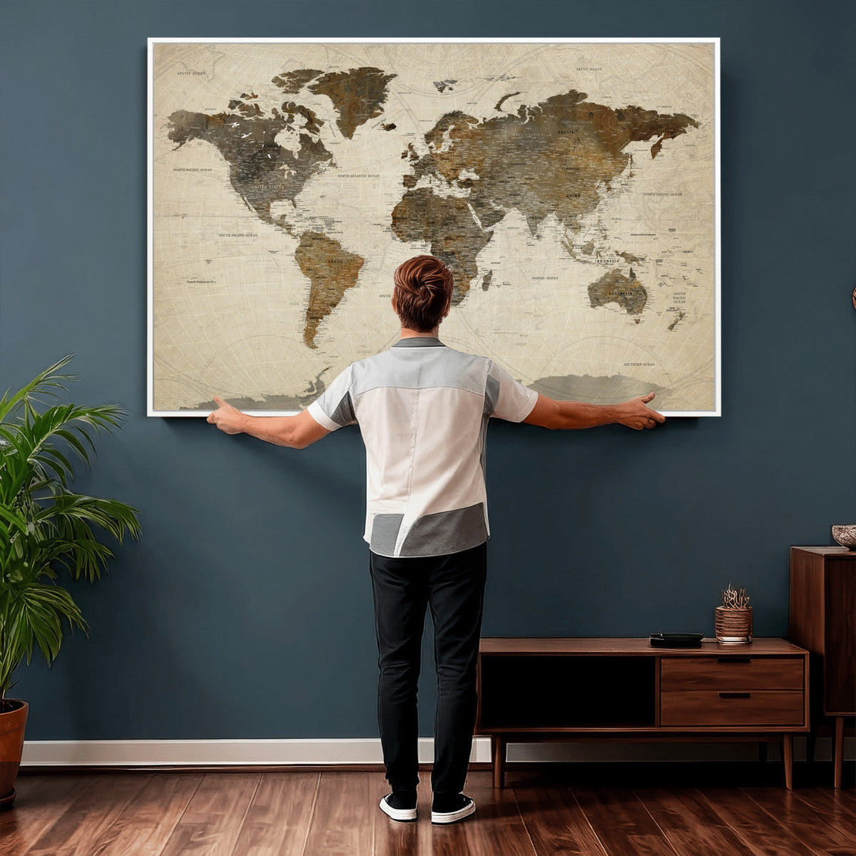 Vintage World Map Canvas Wall Art | Framed Antique Style Travel Map