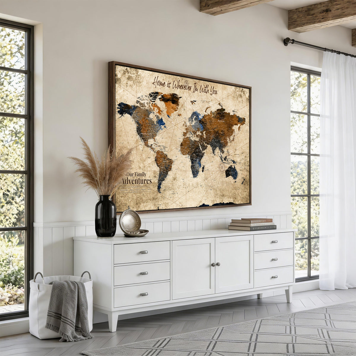 World Map Wall Art | Rustic Earth Tone Canvas Print, Antique Travel Map