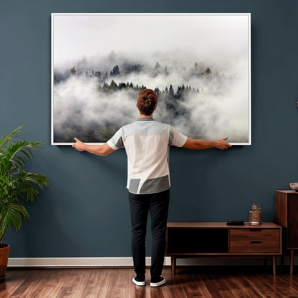 Foggy Forest Wall Art Canvas Print, Misty Pine Tree Landscape