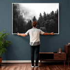 Black White Forest Wall Art Canvas Print, Misty Pine Tree Landscape