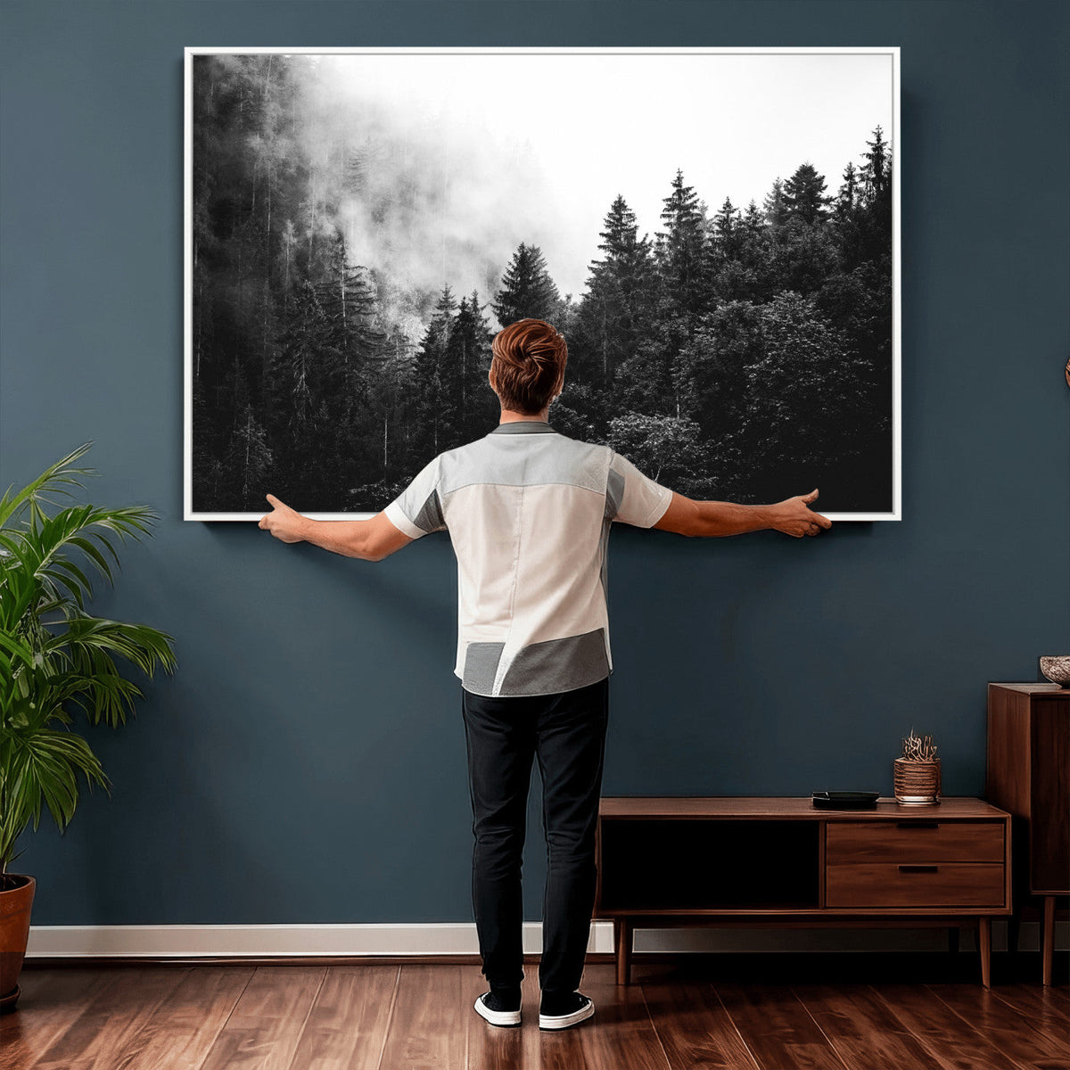 Black White Forest Wall Art Canvas Print, Misty Pine Tree Landscape
