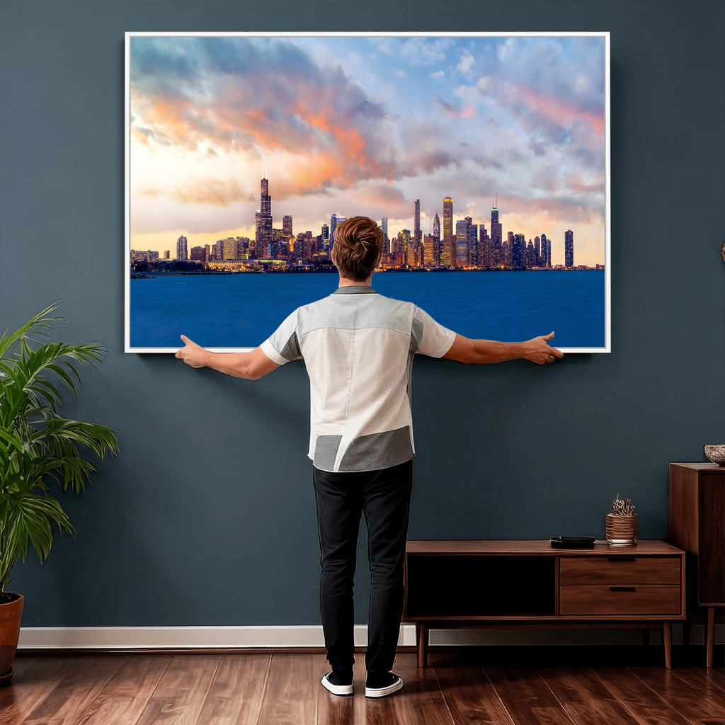 Chicago Wall Art Canvas Print - Chicago City Downtown Night Cityscape