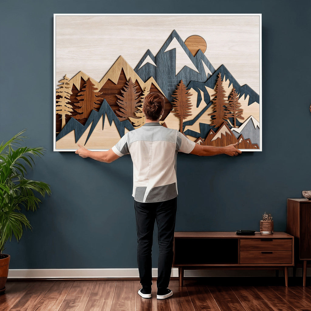 Layered Wooden Mountain Wall Art Canvas Print, Modern Rustic Forest and Pine Landscape