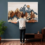 Layered Wooden Mountain Wall Art Canvas Print, Modern Rustic Forest and Pine Landscape