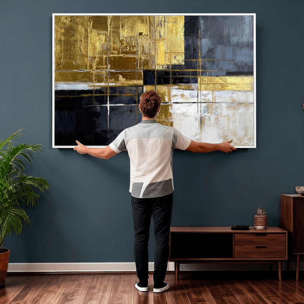 Gold Navy Abstract Wall Art Canvas Print, Modern Luxury Geometric Art for Living Room and Office
