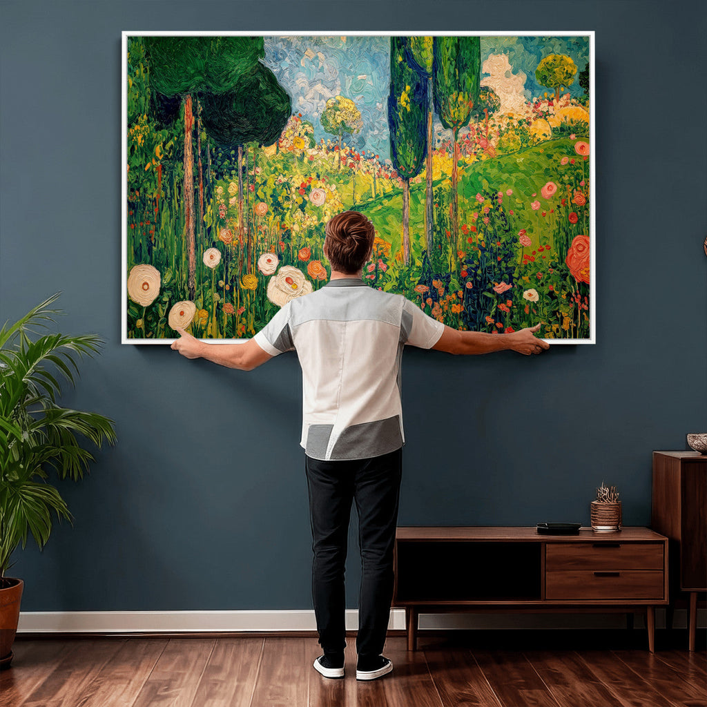 Gustav Klimt Boho Mountain Landscape Large Wall Art, Gold Sun and Flowers Print