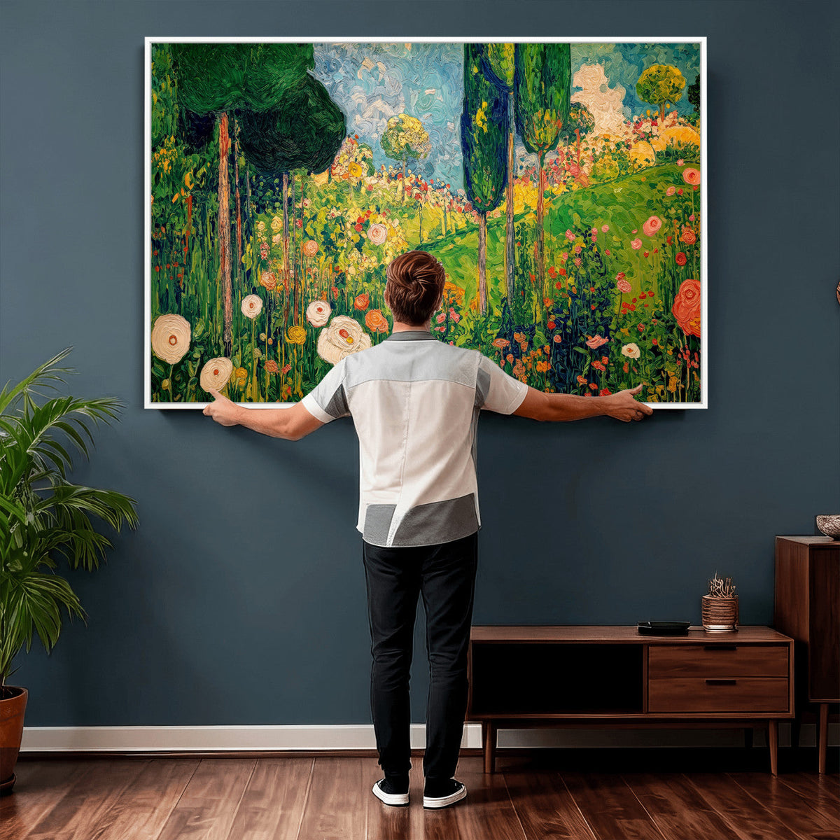 Gustav Klimt Boho Mountain Landscape Large Wall Art, Gold Sun and Flowers Print
