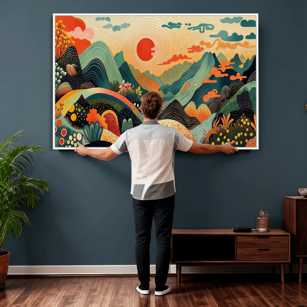 Yayoi Kusama Boho Mountain Landscape Large Wall Art, Gold Sun and Flowers Print