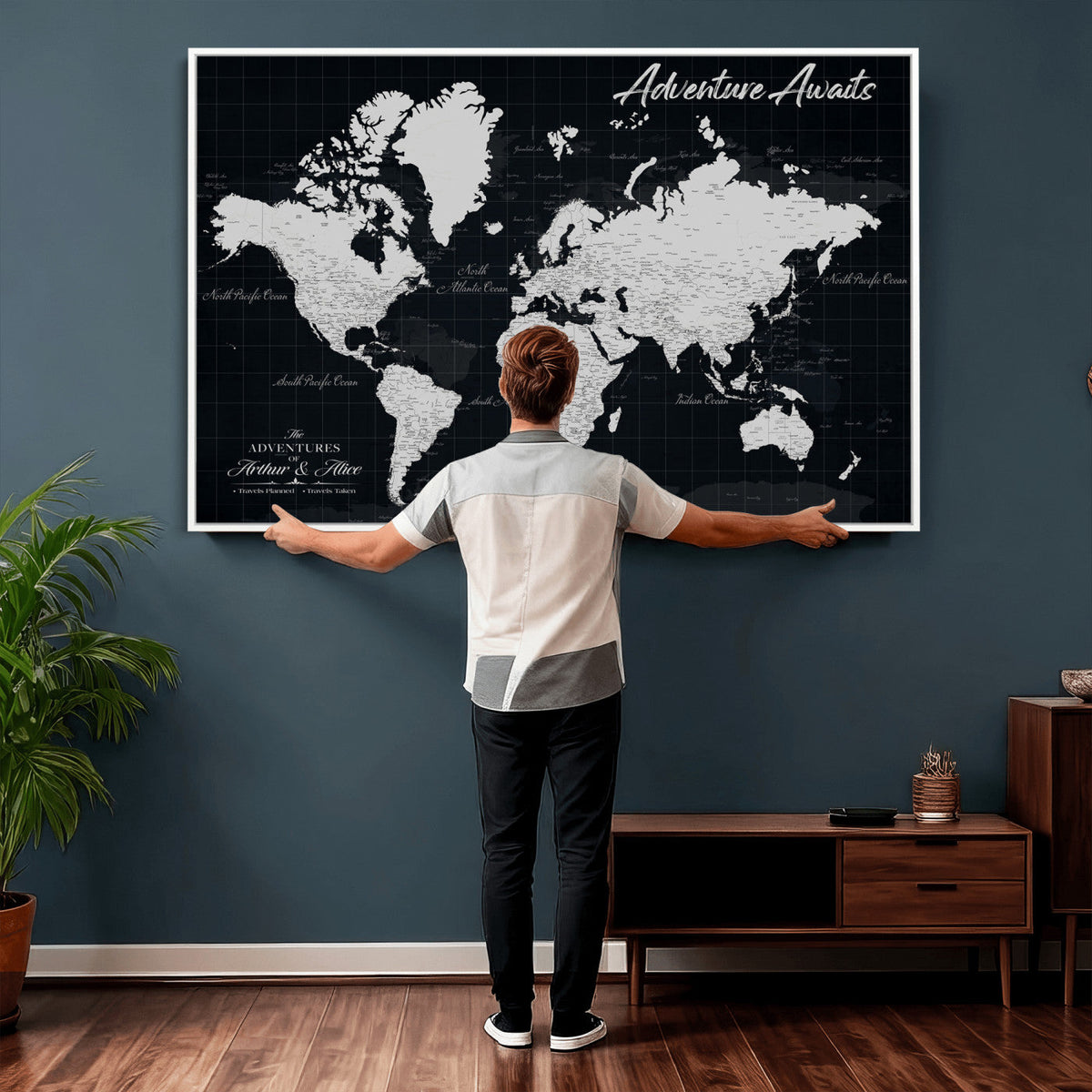 Personalized Black Push Pin Travel Map Canvas Print, Couples Countries Visited Map, Entryway and Hallway Decor