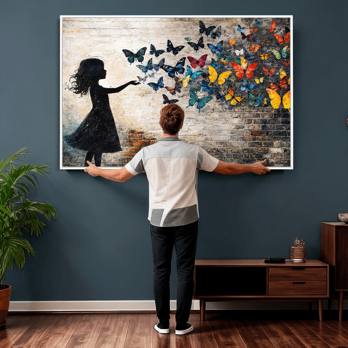 Banksy Butterfly Girl Wall Art Canvas Print, Framed Street Art