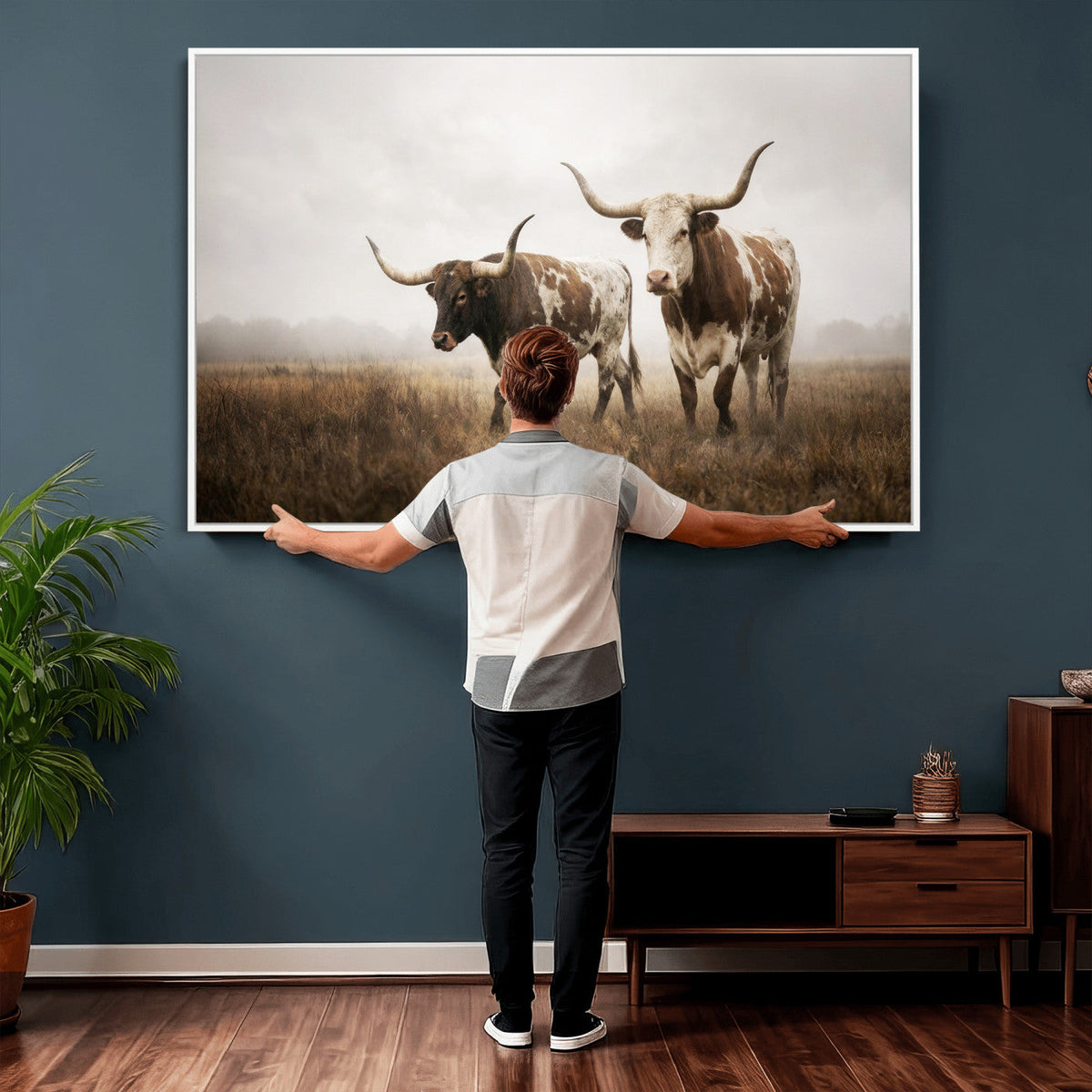 Texas Longhorn Canvas Wall Art Western Bull Desert, Rustic Farmhouse Wall Decor