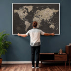 World Map Canvas Wall Art, Dark Charcoal and Antique Tan Detailed Map