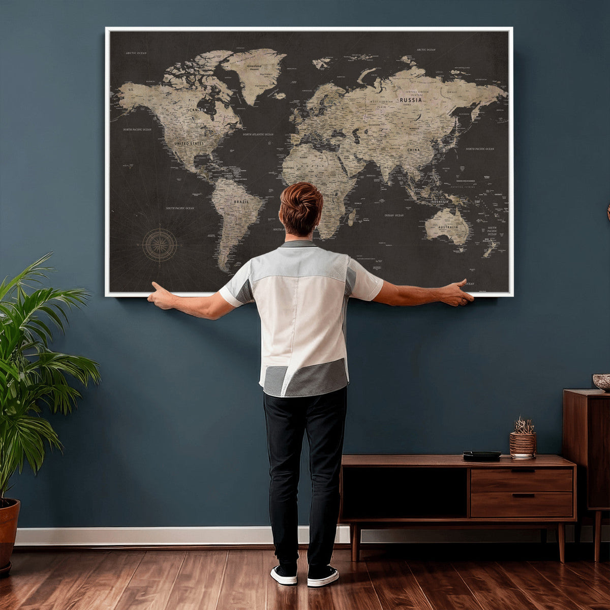 World Map Canvas Wall Art, Dark Charcoal and Antique Tan Detailed Map