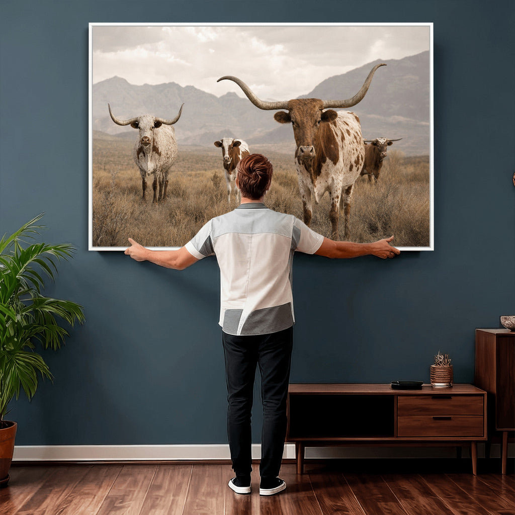 Rustic Texas Longhorn Cow Canvas Wall Art Print, Farm Animal Photography
