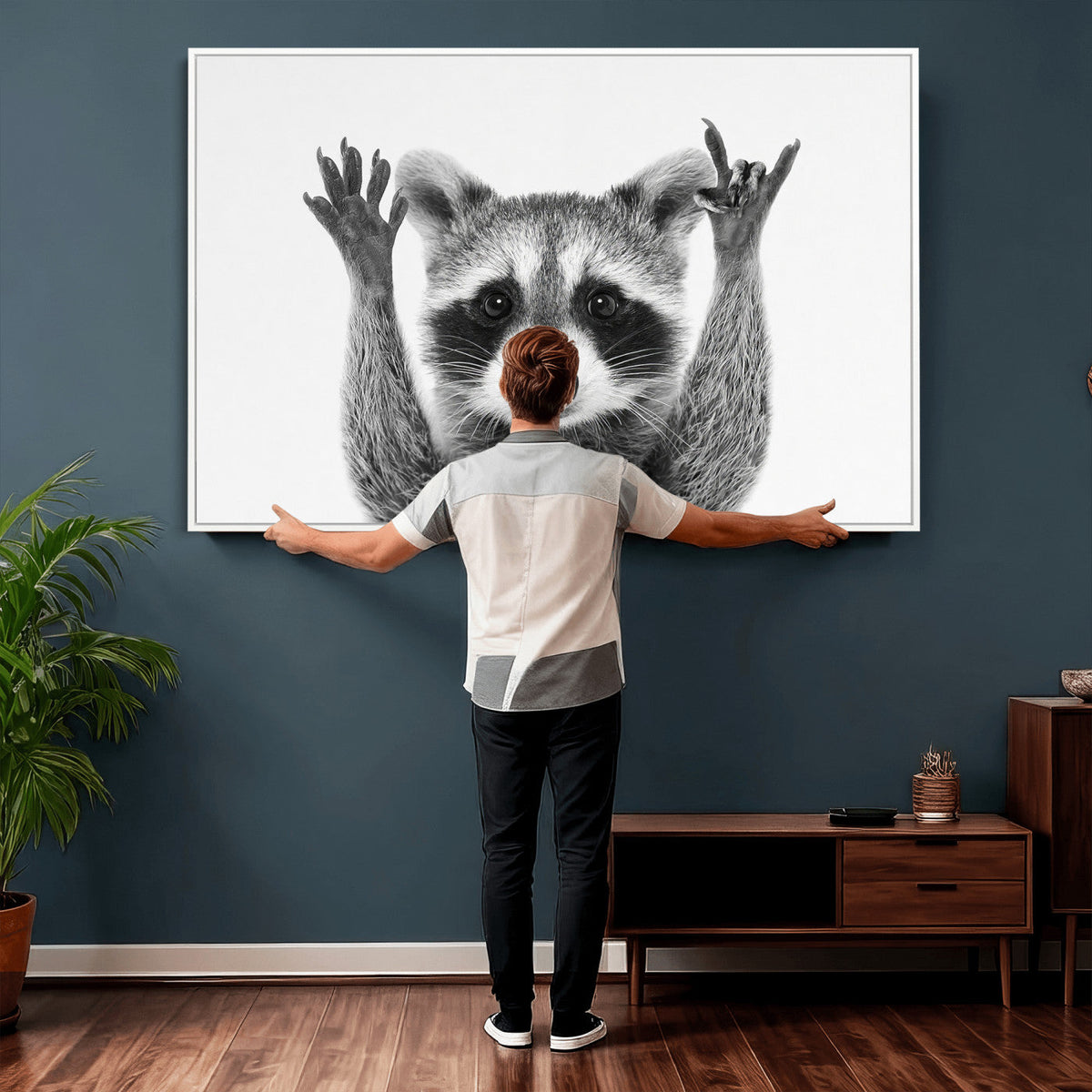 Funny Raccoon Canvas Wall Art, Black White Hands Up Animal Photo Print