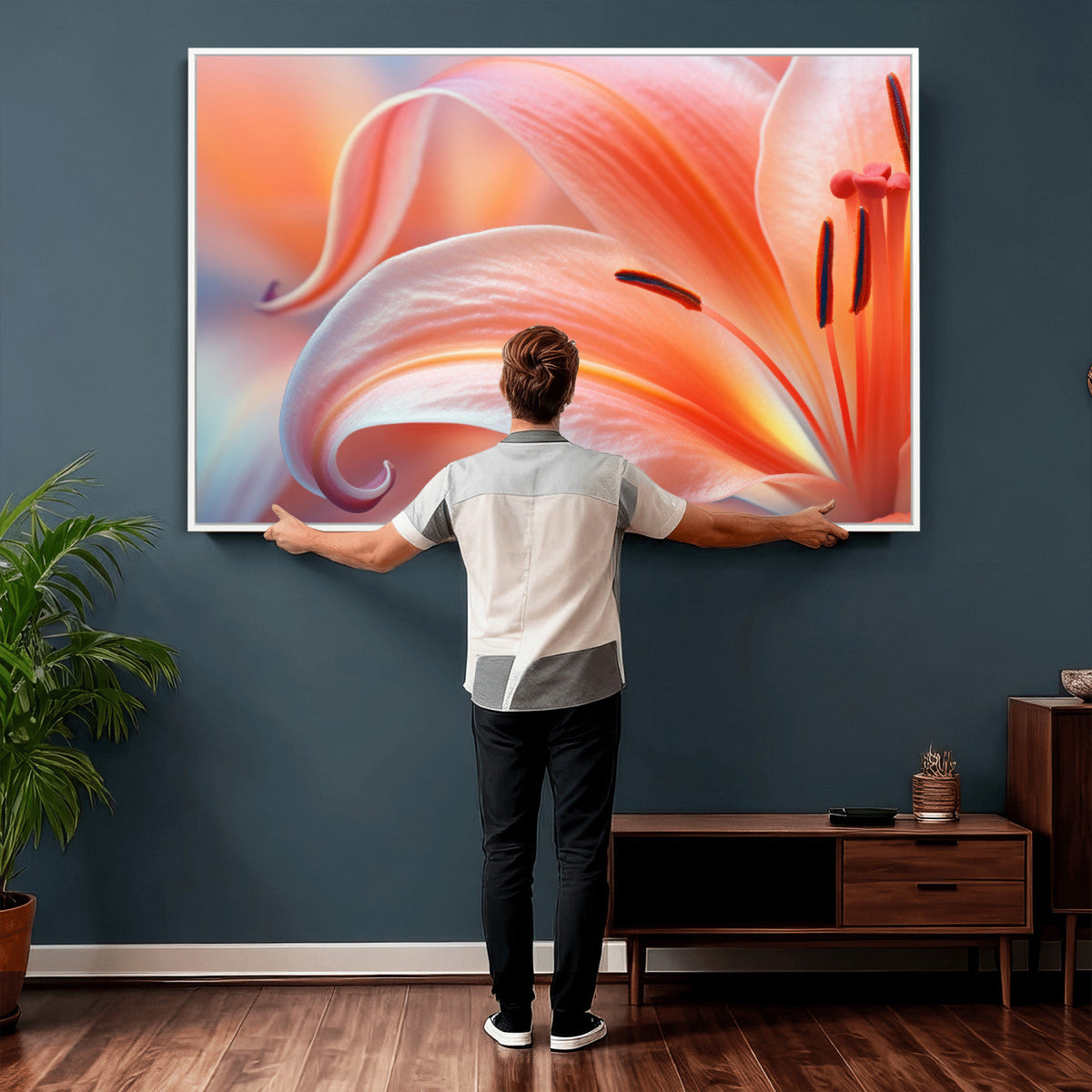 Peach Lily Canvas Wall Art, Coral Pink Flower Macro Photo Print, Botanical Decor