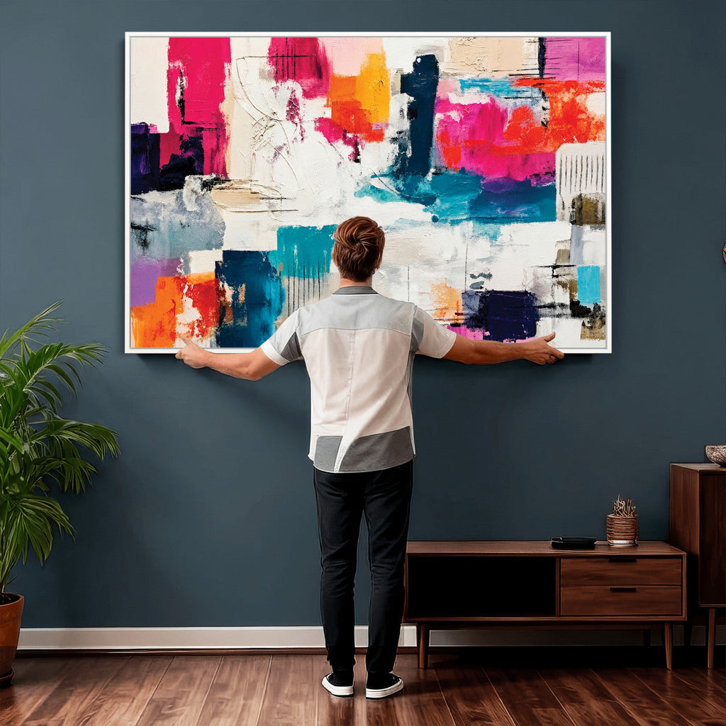 Blue Teal Abstract Canvas Wall Art, Modern Brushstroke Style Print, Navy Orange Contemporary Decor