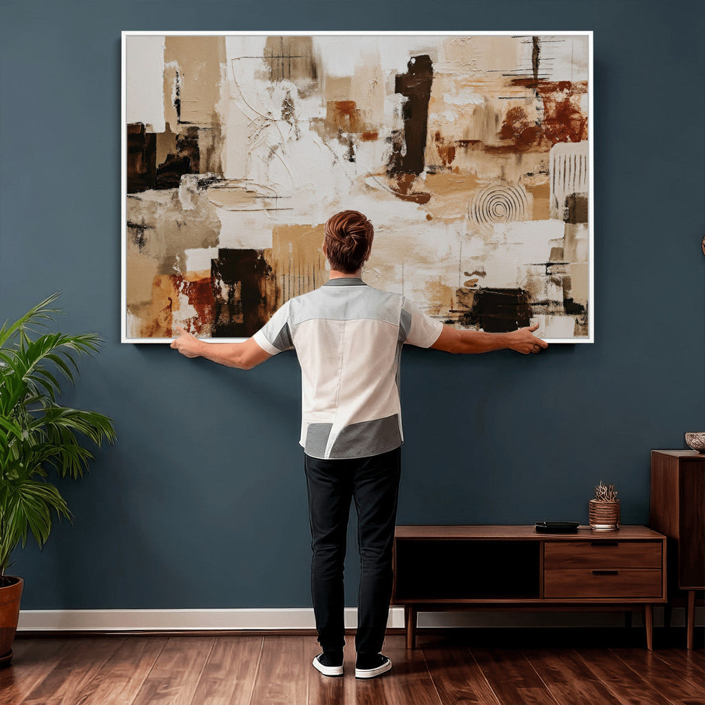 Blue Teal Abstract Canvas Wall Art, Modern Brushstroke Style Print, Navy Orange Contemporary Decor