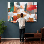Blue Teal Abstract Canvas Wall Art, Modern Brushstroke Style Print, Navy Orange Contemporary Decor