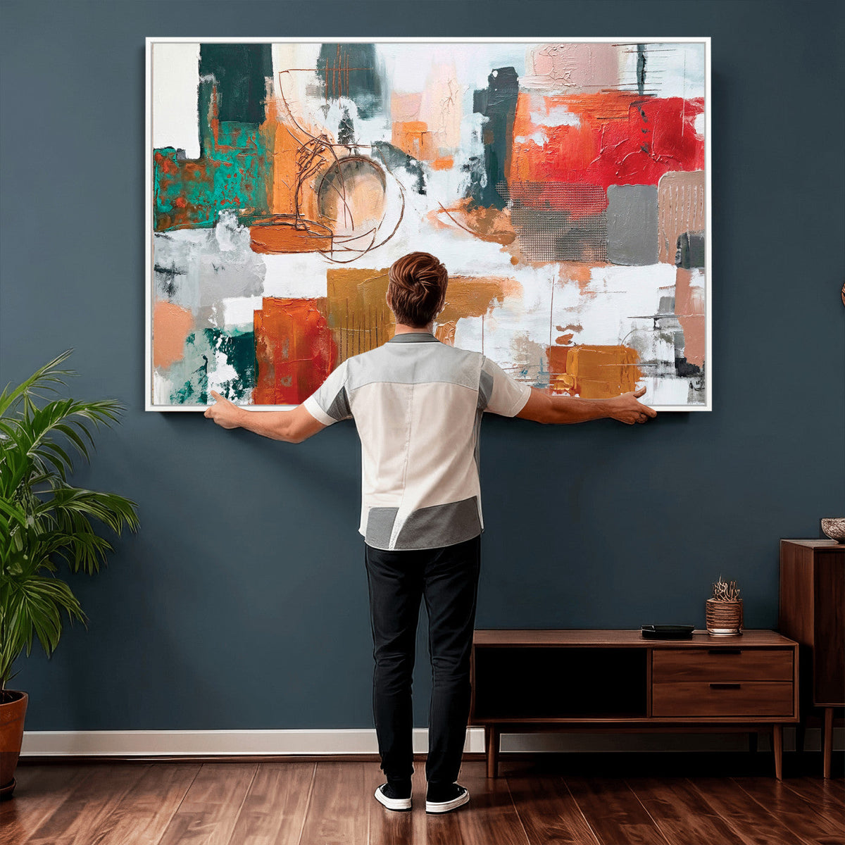 Blue Teal Abstract Canvas Wall Art, Modern Brushstroke Style Print, Navy Orange Contemporary Decor