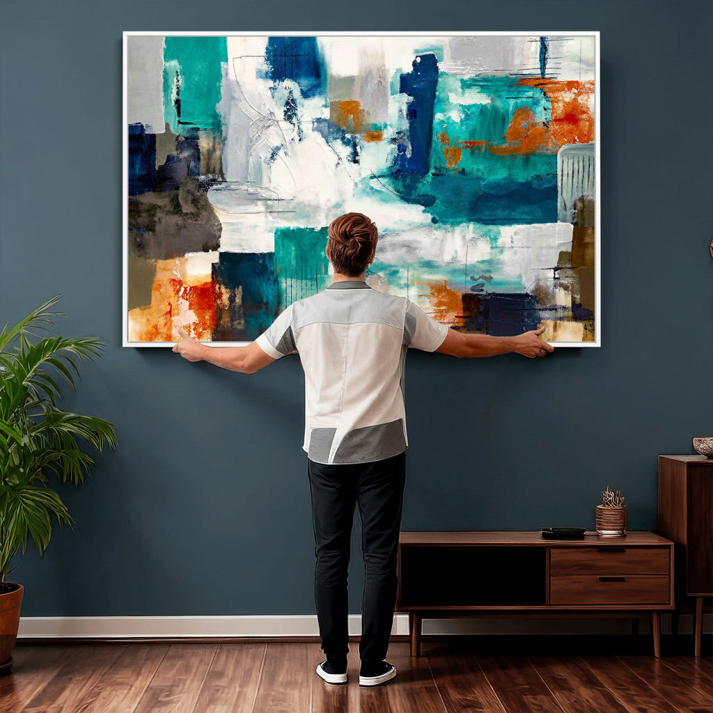 Blue Teal Abstract Canvas Wall Art, Modern Brushstroke Style Print, Navy Orange Contemporary Decor
