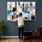 Blue Teal Abstract Canvas Wall Art, Modern Brushstroke Style Painting Print, Navy Orange Contemporary Decor