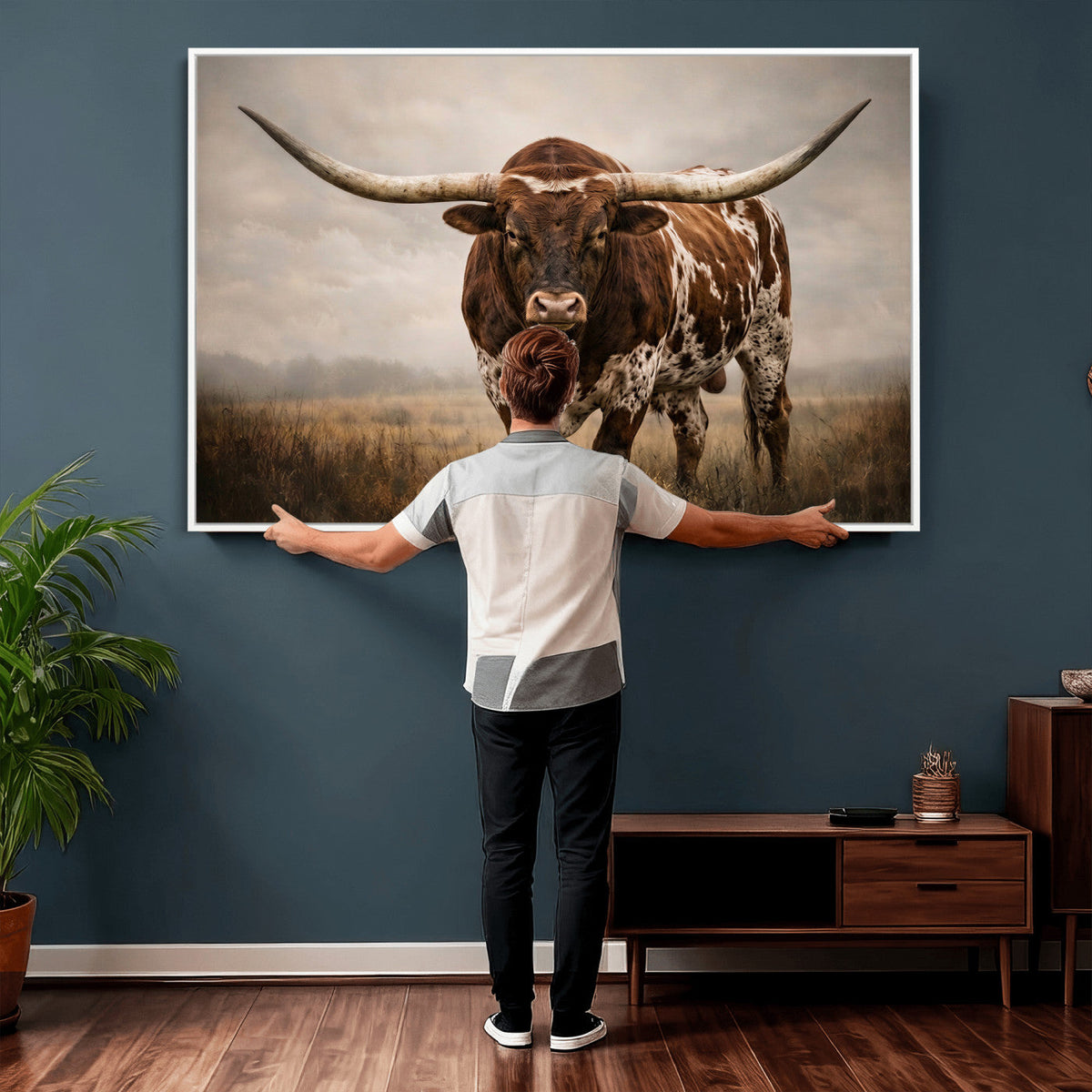 Texas Longhorn Wall Art Canvas Print | Brown Horned Bull Rustic Western Decor