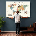 Personalized Framed Beige Modern Push Pin Travel Map Canvas Print, Family Travel Tracker, Bedroom and Home Office Decor