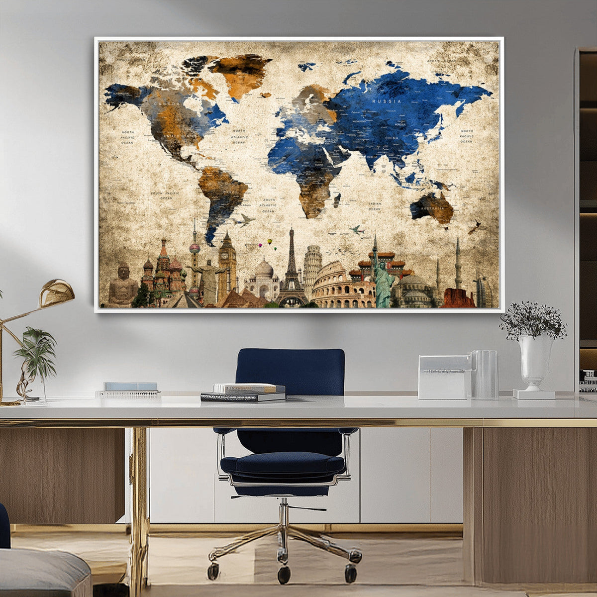 World Map Canvas Print | Vintage Blue and Gold World Map Wall Art