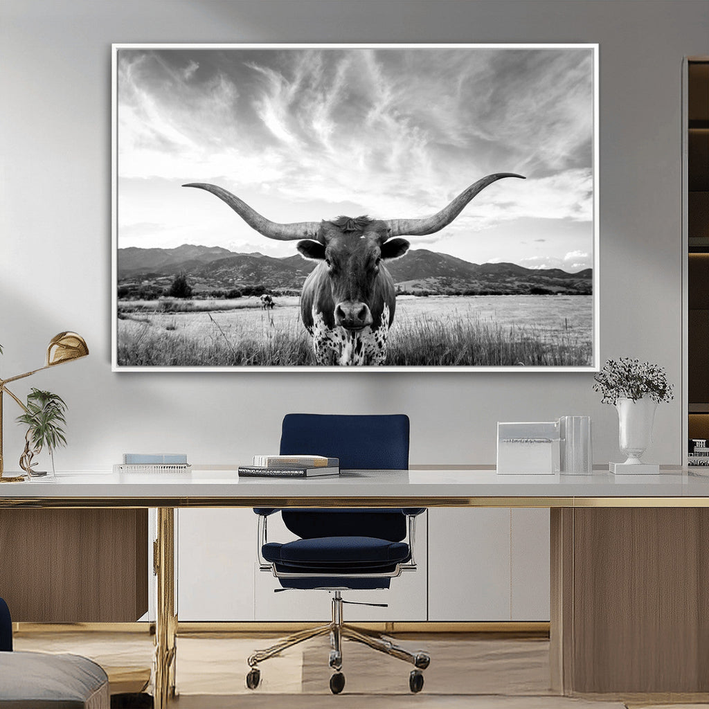 Longhorn Black and White Wall Art | Rustic Western Bull Canvas Print