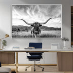 Longhorn Black and White Wall Art | Rustic Western Bull Canvas Print