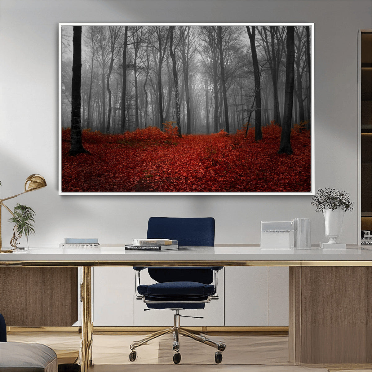 Red Forest Floor Canvas Wall Art | Mystical Foggy Woodland Triptych