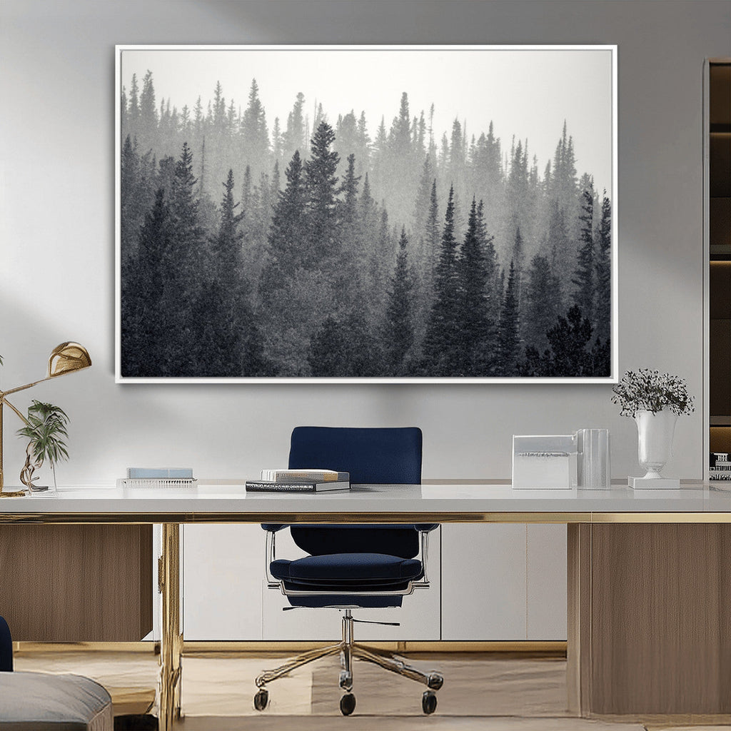 Misty Forest Canvas Wall Art | Monochrome Triptych Pine Tree Print