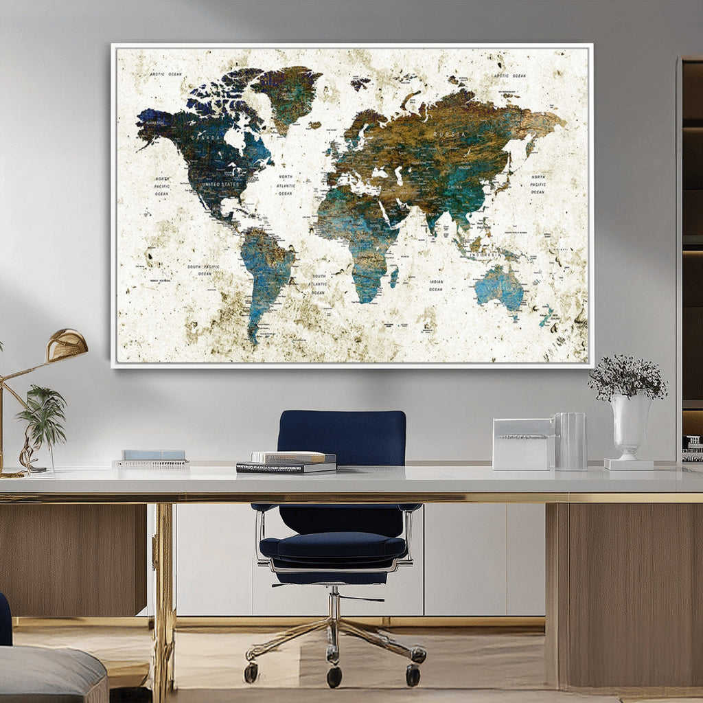 Vintage World Map Wall Art Canvas Print, Framed Rustic Earth Tone Map