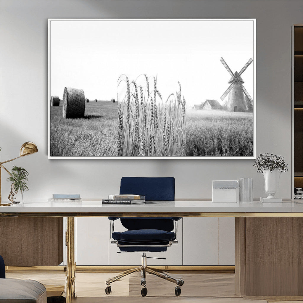 Vintage Farmhouse Black and White Triptych Wall Art, Giclee Canvas with Wheat Fields, Hay Bales and Windmill