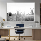 Vintage Farmhouse Black and White Triptych Wall Art, Giclee Canvas with Wheat Fields, Hay Bales and Windmill