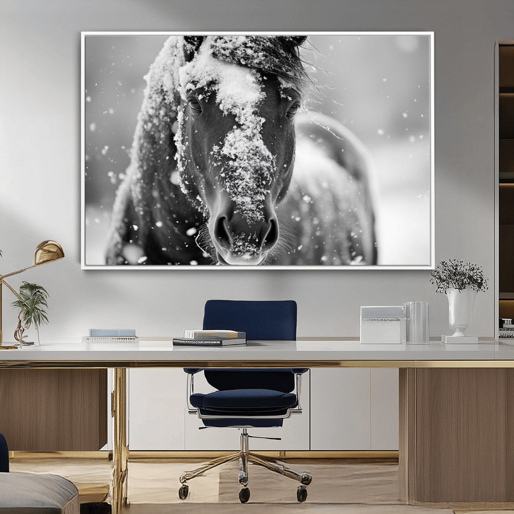 Black and White Horse Winter Wall Art, Ready to Hang