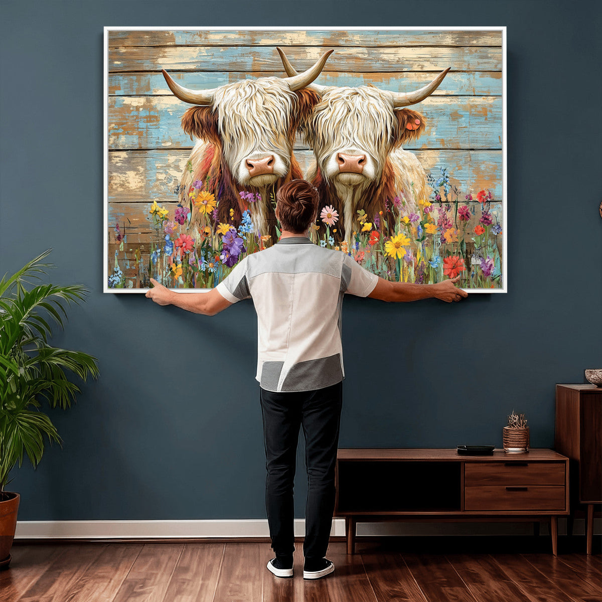 Cute Highland Cow Canvas Wall Art - Rustic Farmhouse Decor
