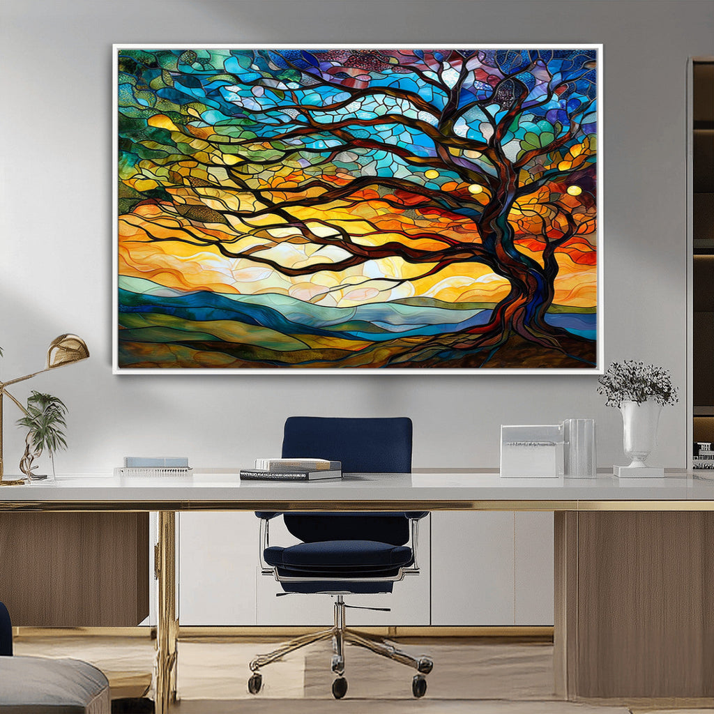Vibrant Mosaic Tree of Life Wall Art, Stained Glass Style Canvas Print