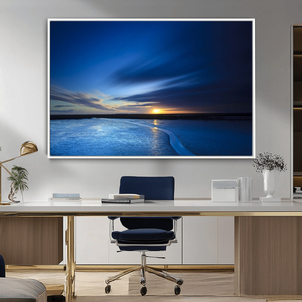 Blue Sunset Ocean Canvas Wall Art Print | Serene Coastal Horizon