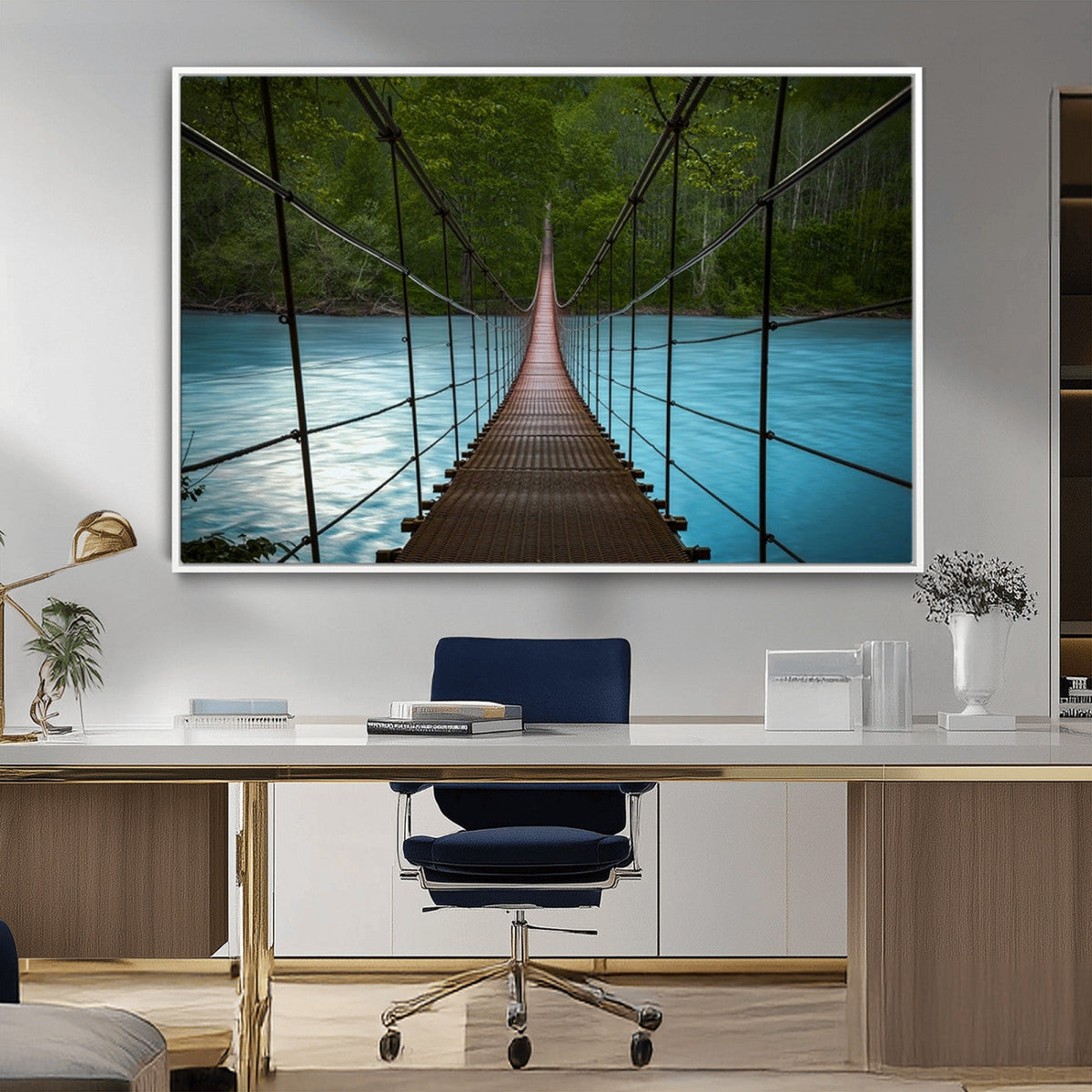 Suspension Bridge Over River Canvas Art | 3-Panel Nature Wall Art
