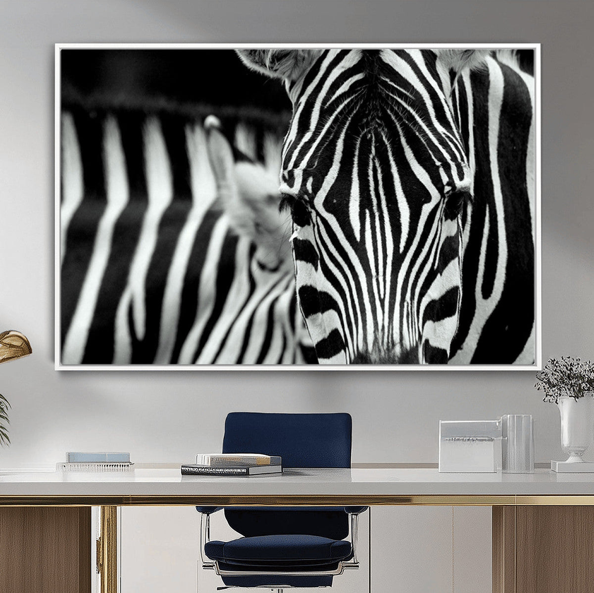 Zebra Wall Art | Zebra Close Up Canvas Print | Framed Black and White Wildlife