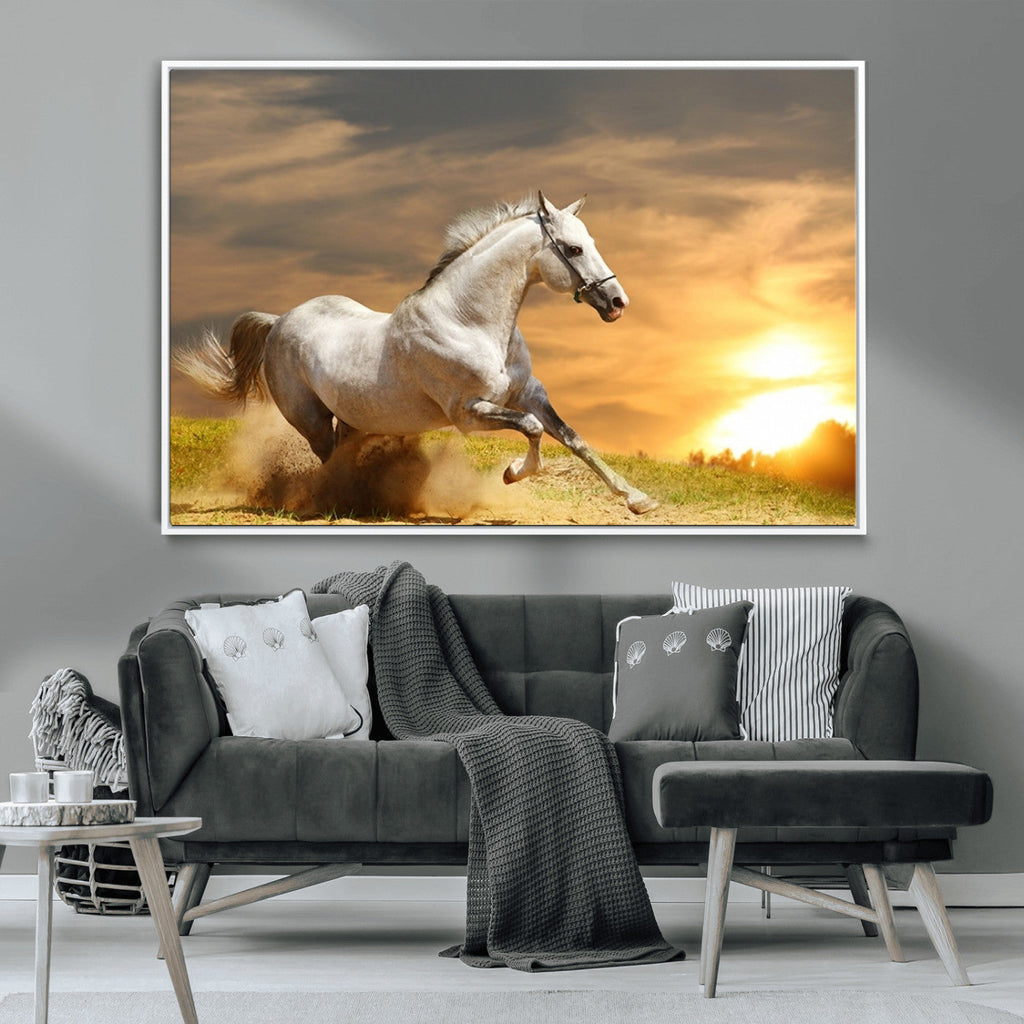 Large Wall Art Galloping White Horse at Sunset Canvas Print