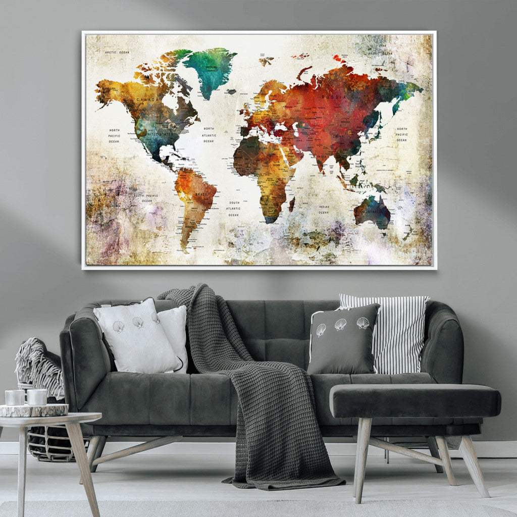 Watercolor World Map Canvas Print | Framed Travel Map Wall Art for Couples