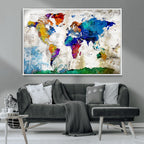 Navy Blue and Orange Watercolor World Map Canvas Print | Framed Travel Map