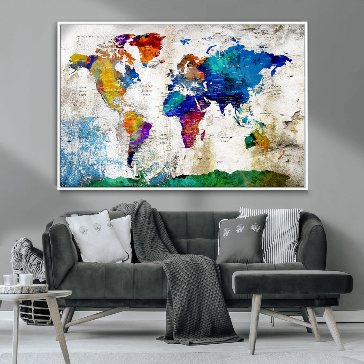 Navy Blue and Orange Watercolor World Map Canvas Print | Framed Travel Map