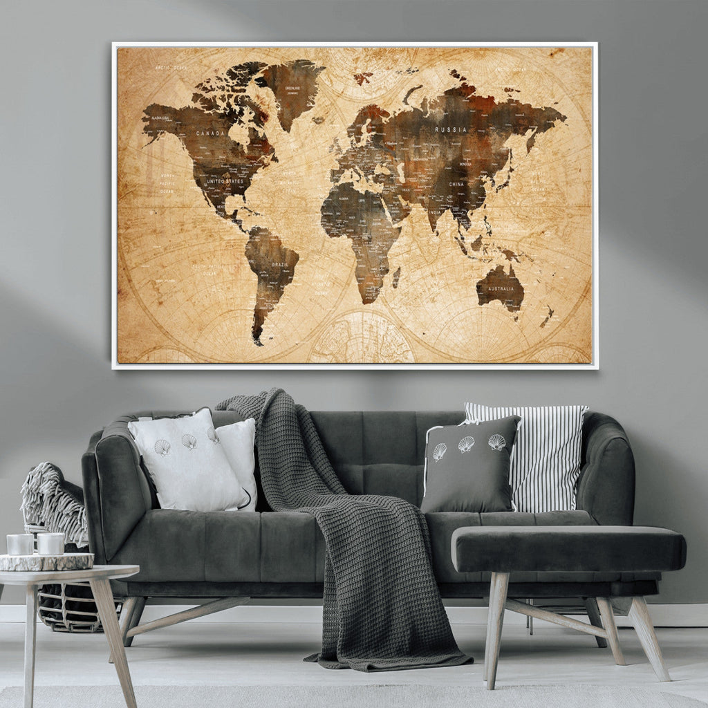 Push Pin World Map Canvas Print | Framed Travel Tracker Wall Art